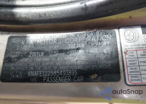 2008 Kia Spectra Ex z USA, uszkodzony, nr VIN KNAFE122585493895